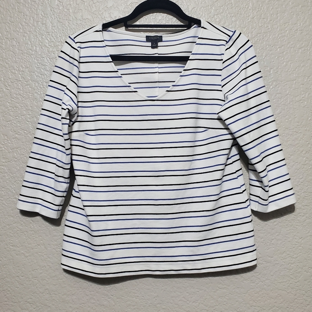 Ann Taylor Factory White Quarter Sleeve Top w/ Blue Stripes Women's Size Medium
